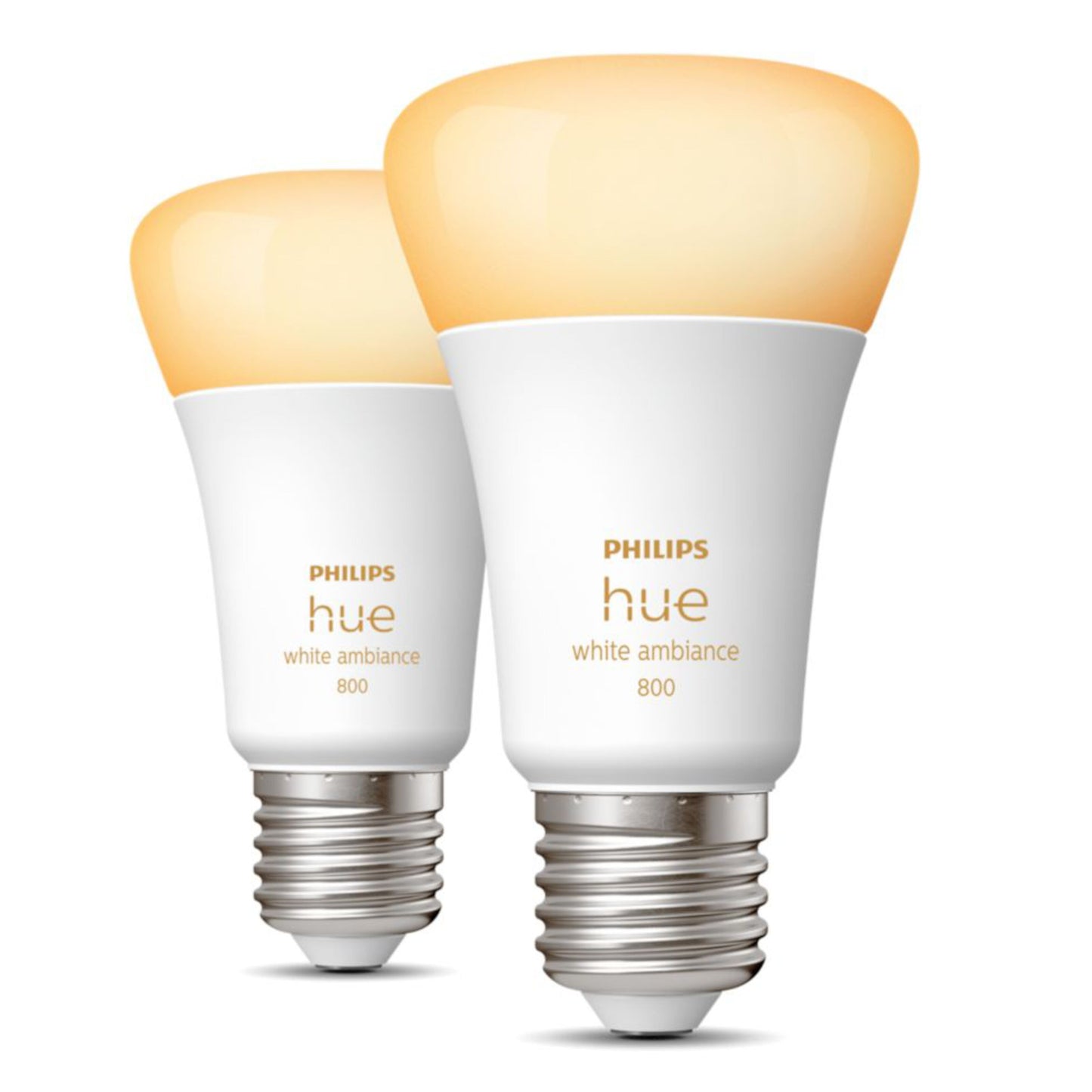 Philips Hue White Ambience E27 Smart LED-pærer 800 lm, 2-pak, synlige side om side.