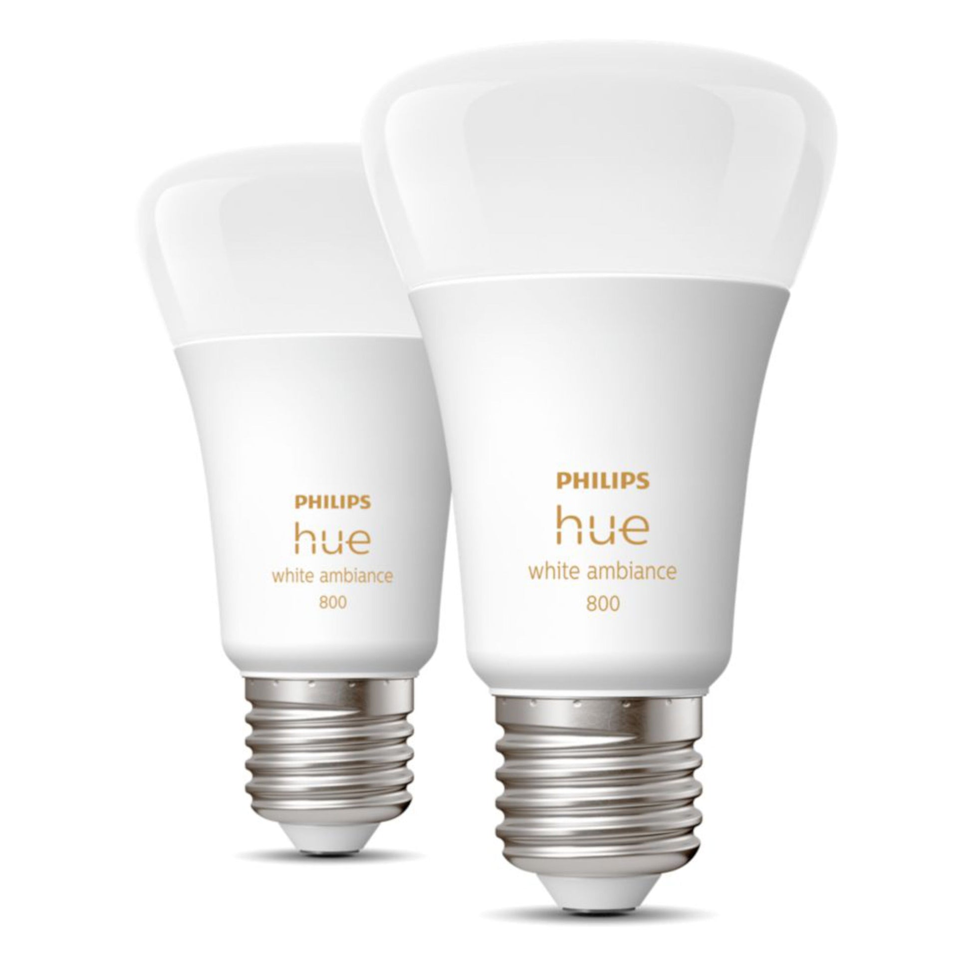 Philips Hue White Ambience E27 Smart LED-pærer 800 lm 2-pak med hvide baser og matterede toppe.