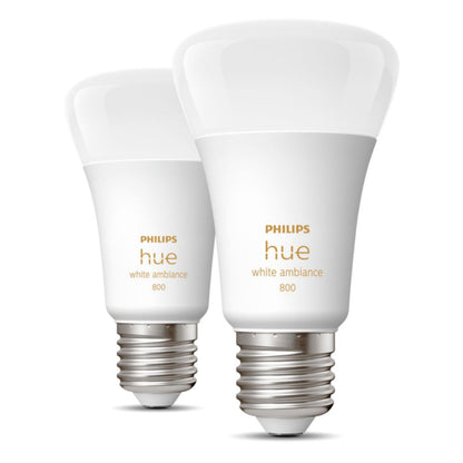 Philips Hue White Ambience E27 Smart LED-pærer 800 lm 2-pak med hvide baser og matterede toppe.