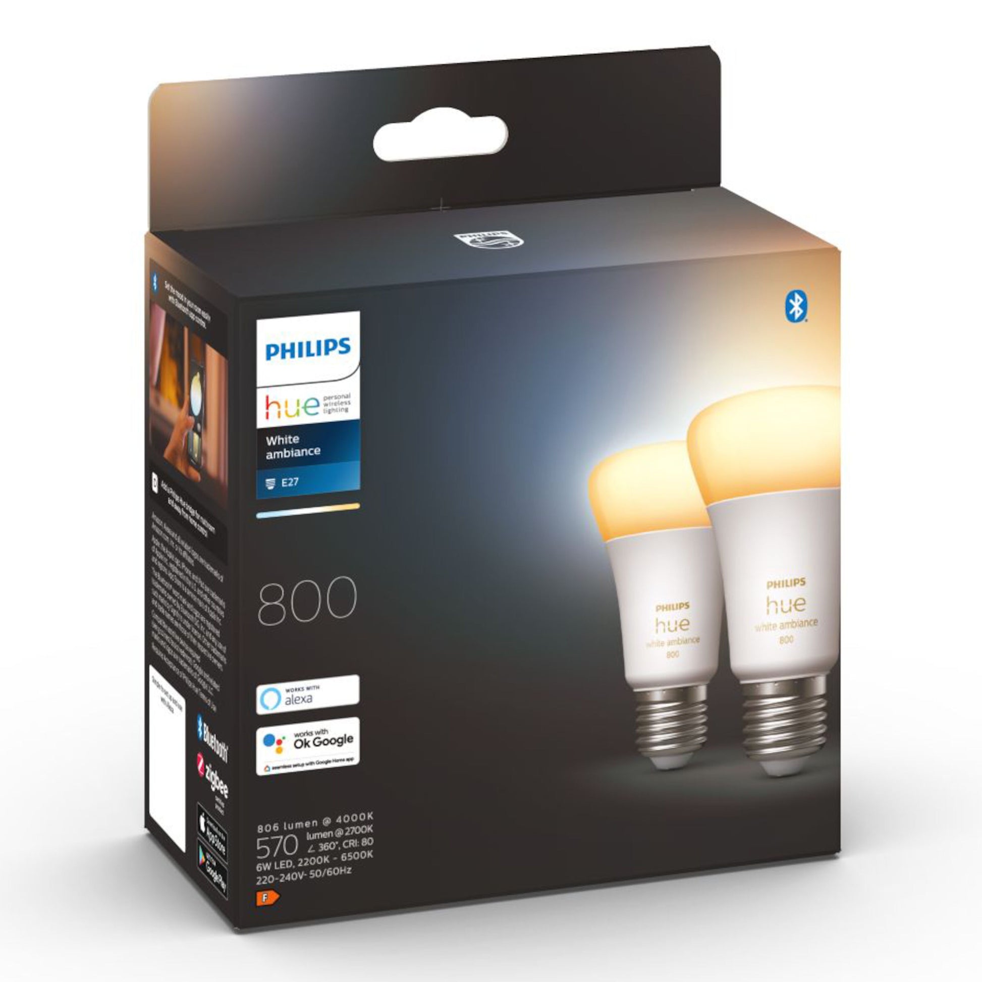 Philips Hue white ambience E27 Smart LED-pære 800 lm 2-pak sort æske to tændte pærer Bluetooth smart home stemmestyring.