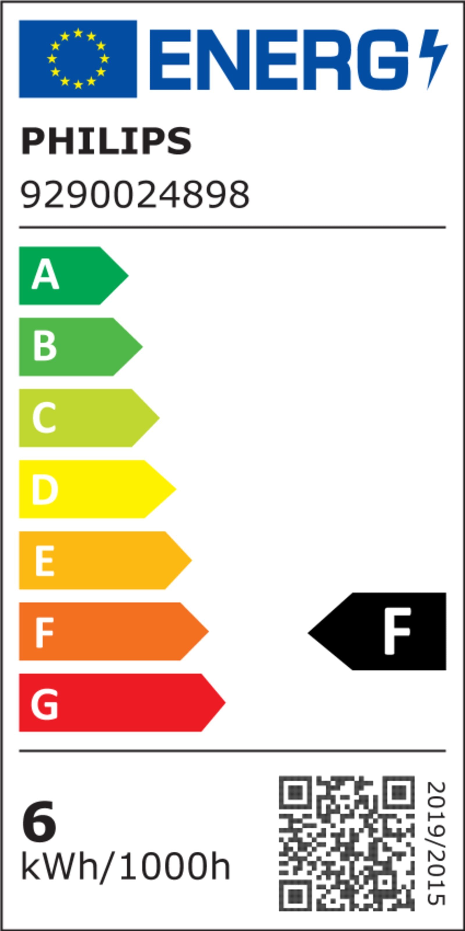 Philips Hue White Ambience E27 LED 800 lm 2-pak, energimærke F, model 9290024898, QR-kode og EU-logo synligt.