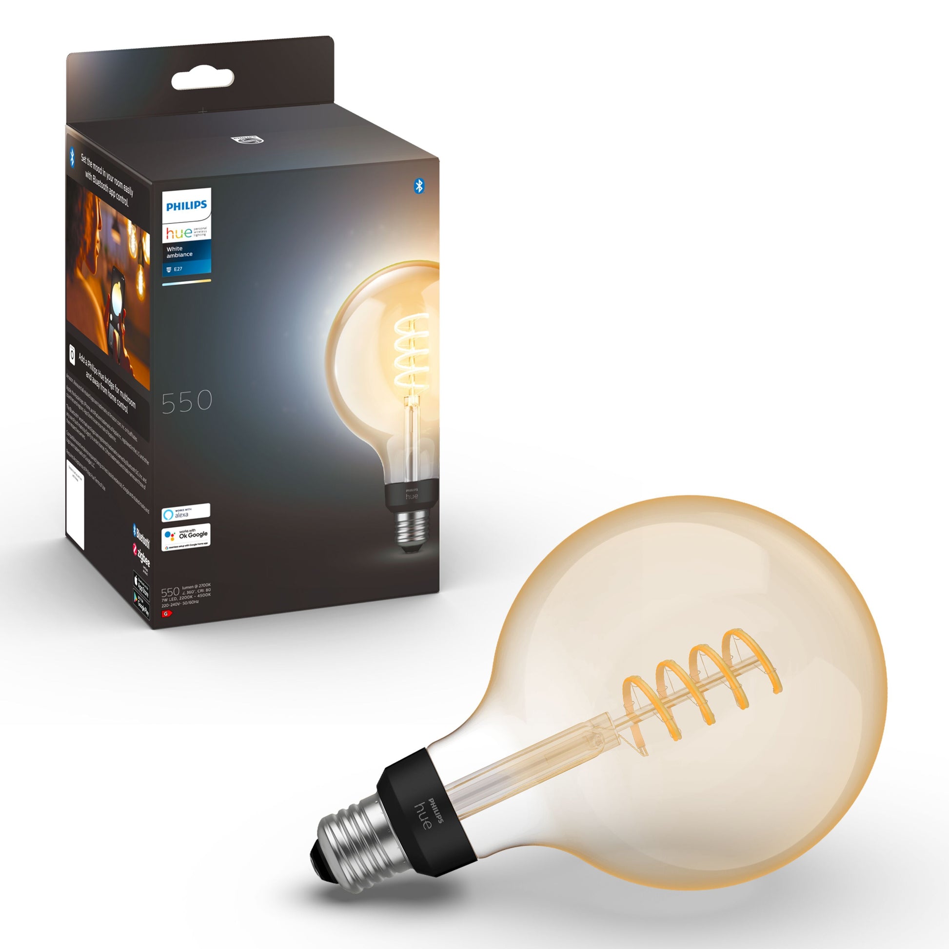 Philips Hue Filament G125 E27 Smart LED-pære 550 lm spiral synlig foran æske med produktoplysninger.