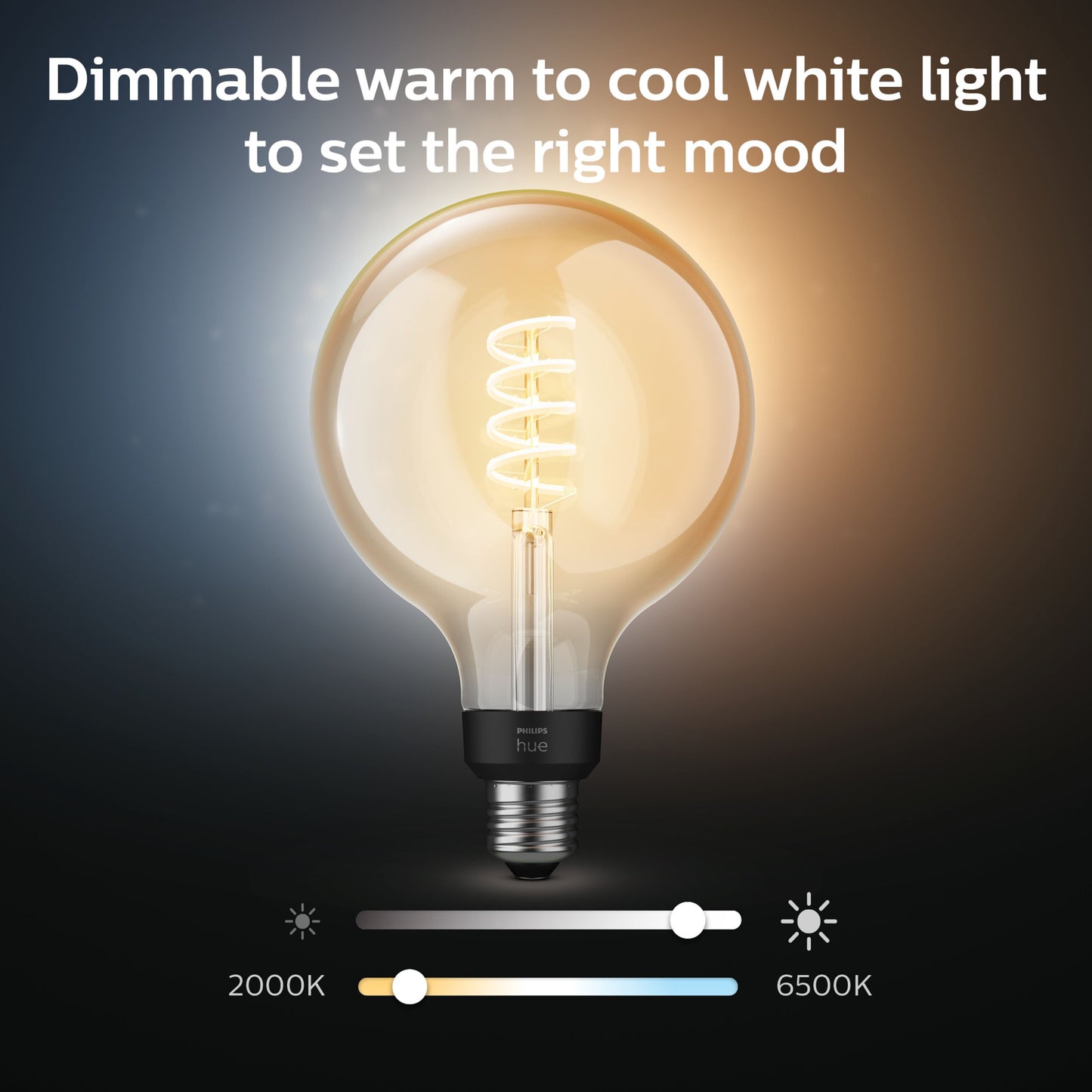 Philips Hue Filament G125 E27 smart LED-pære 550 lm spiral glødetråd, dæmpbar 2000K-6500K varm til kølig hvid.