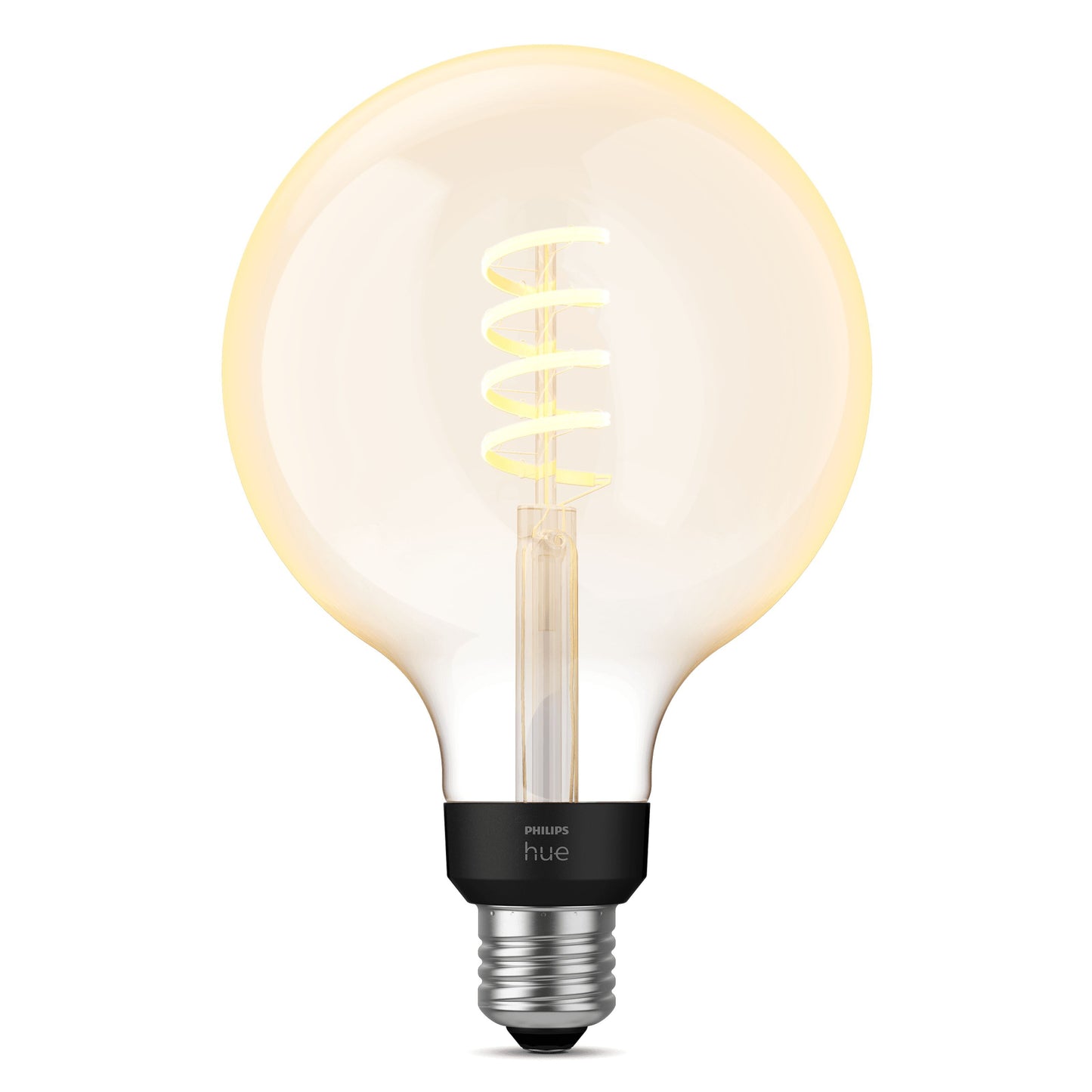 Philips Hue Filament G125 E27 Smart LED-pære 550 lm klar rund pære synlig spiralfilament sort sokkel varm gul glød.