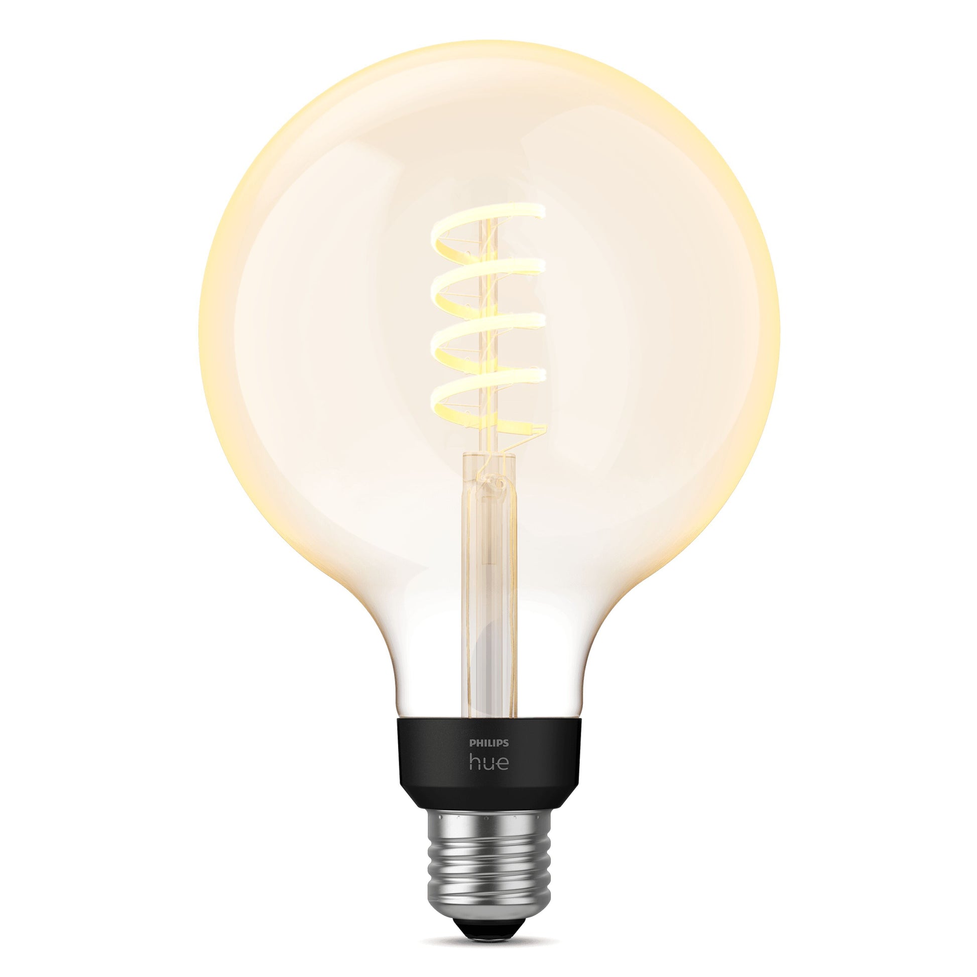 Philips Hue Filament G125 E27 Smart LED-pære 550 lm klar rund pære synlig spiralfilament sort sokkel varm gul glød.