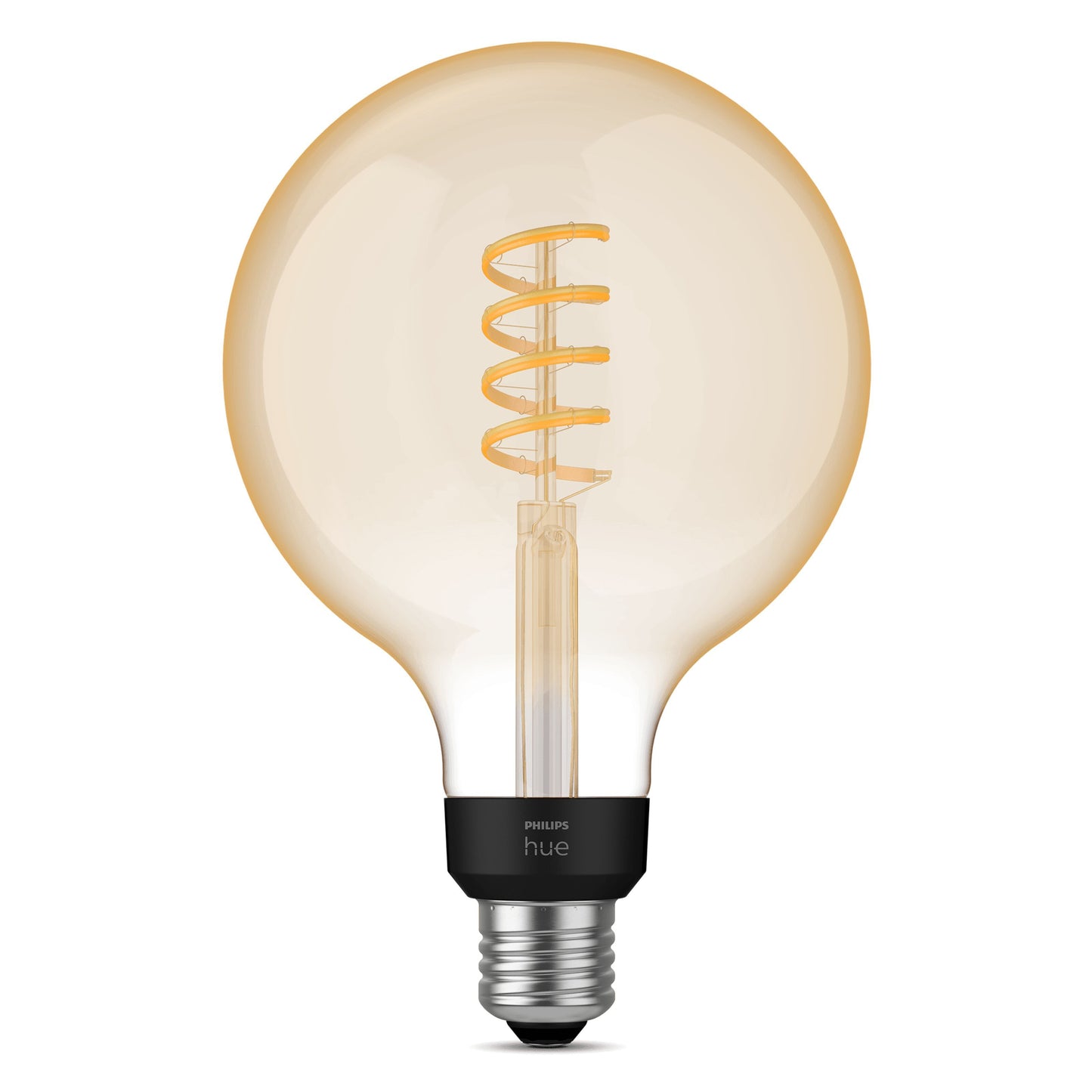 Philips Hue Filament G125 E27 LED-pære 550 lm, rund, synlig spiral filament, sort sokkel, ravfarvet glas.