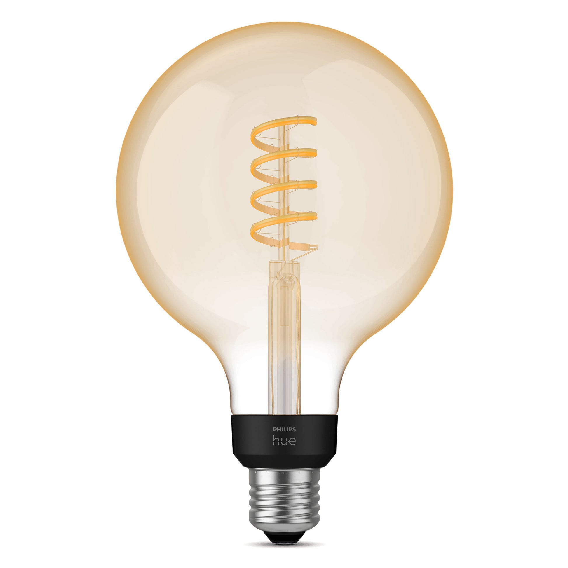 Philips Hue Filament G125 E27 LED-pære 550 lm, rund, synlig spiral filament, sort sokkel, ravfarvet glas.