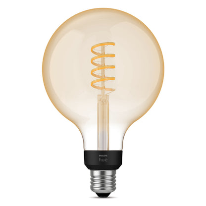 Philips Hue Filament G125 E27 LED-pære 550 lm, rund, synlig spiral filament, sort sokkel, ravfarvet glas.