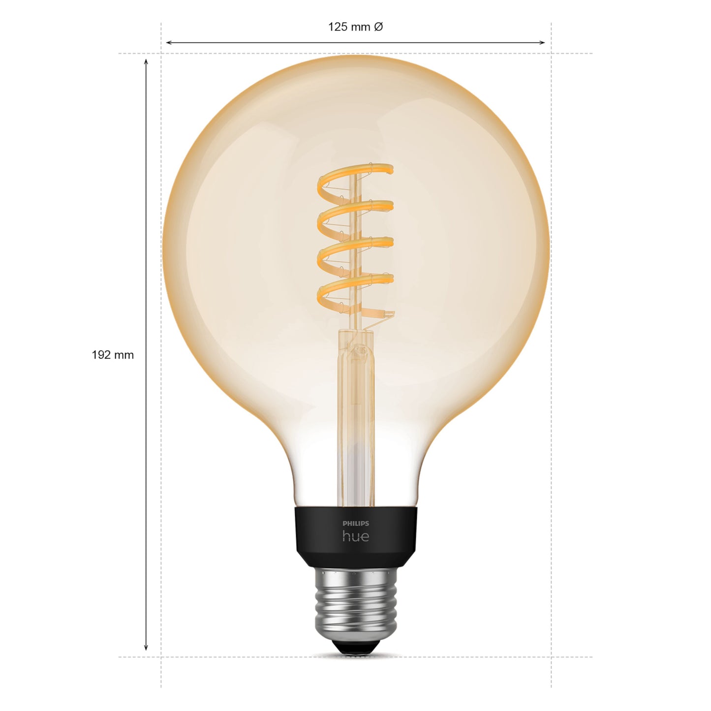 Philips Hue Filament G125 E27 smart LED-pære 550 lm spiral filament synlig Ø125 mm H192 mm.