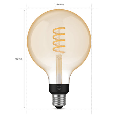 Philips Hue Filament G125 E27 smart LED-pære 550 lm spiral filament synlig Ø125 mm H192 mm.