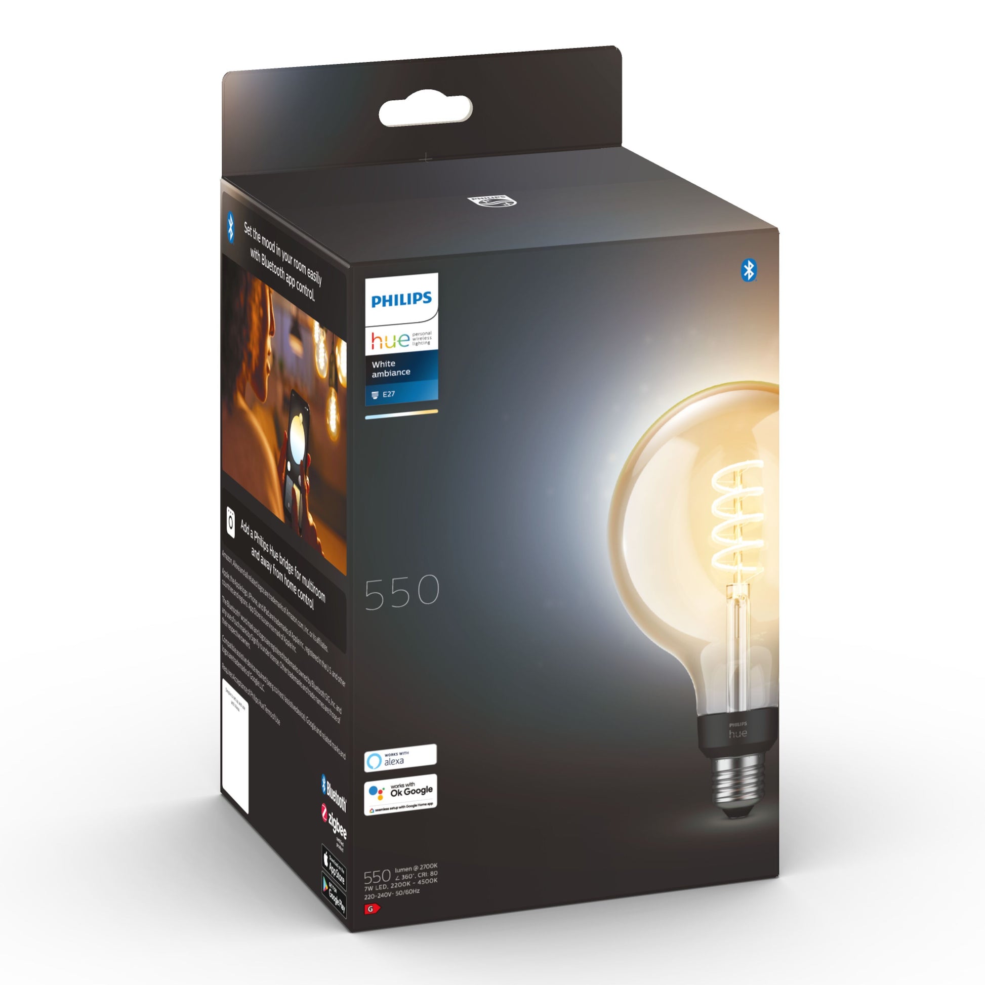 Philips Hue Filament G125 E27 LED-pære 550 lm i sort emballage med Bluetooth, Alexa og Google Assistant logo.