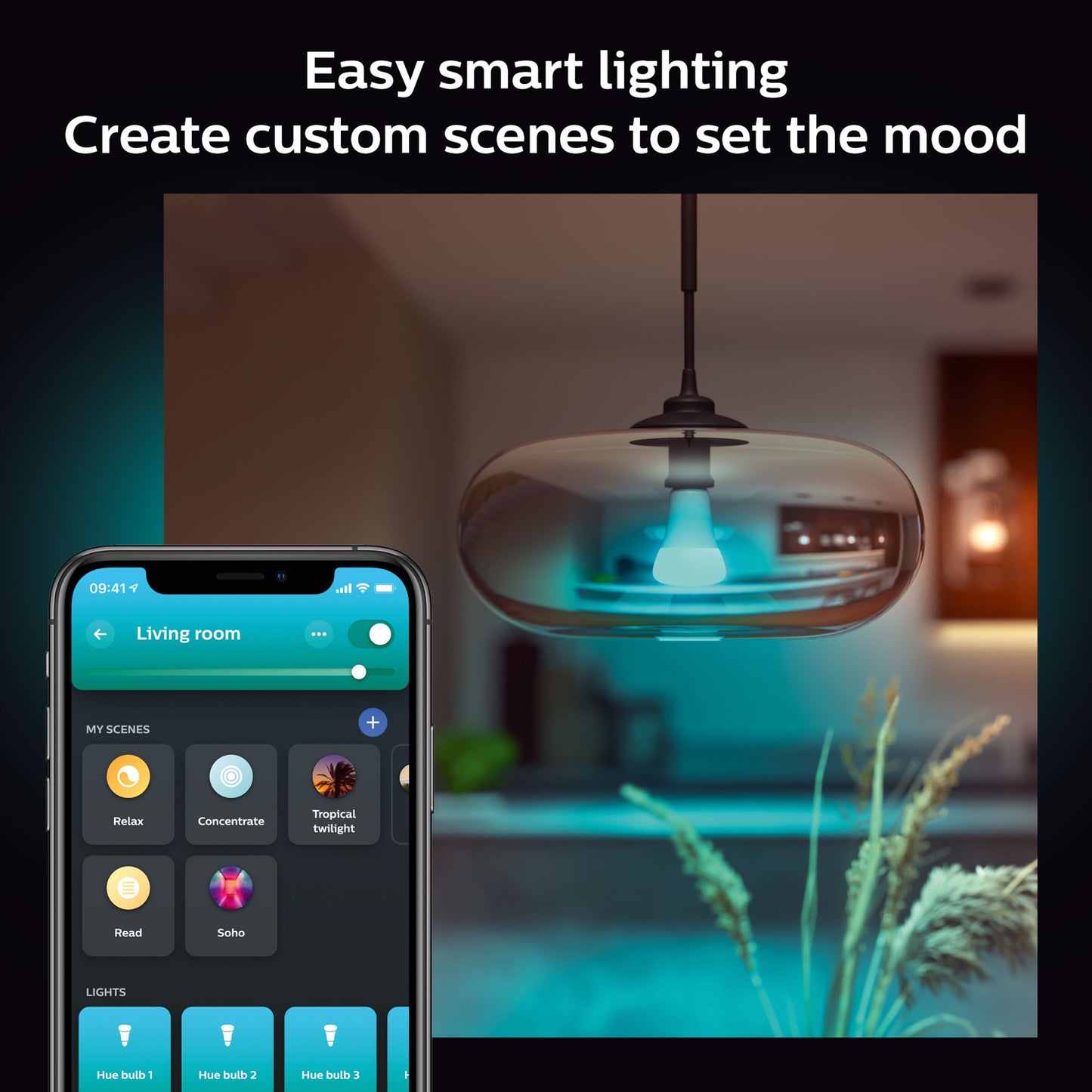 Philips Hue Color Ambiance Smart LED-pære E27 1600 lm vist i app på smartphone.
