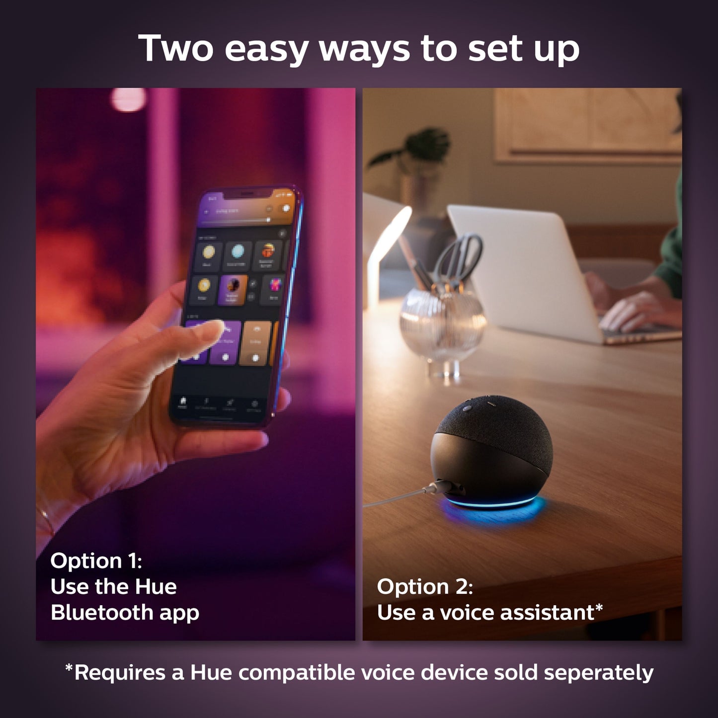 Til muligheder for opsætning af Hue Color Ambiance LED-pære E27 1600 lm, smartphone via app eller smarthøjttaler.
