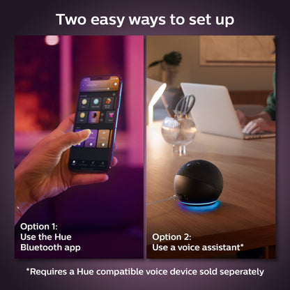 Til muligheder for opsætning af Hue Color Ambiance LED-pære E27 1600 lm, smartphone via app eller smarthøjttaler.