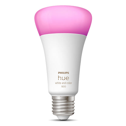 Philips Hue Color Ambiance Smart LED E27 1600 lm pære, hvid sokkel, lyserosa top, justerbar farve og lysstyrke.