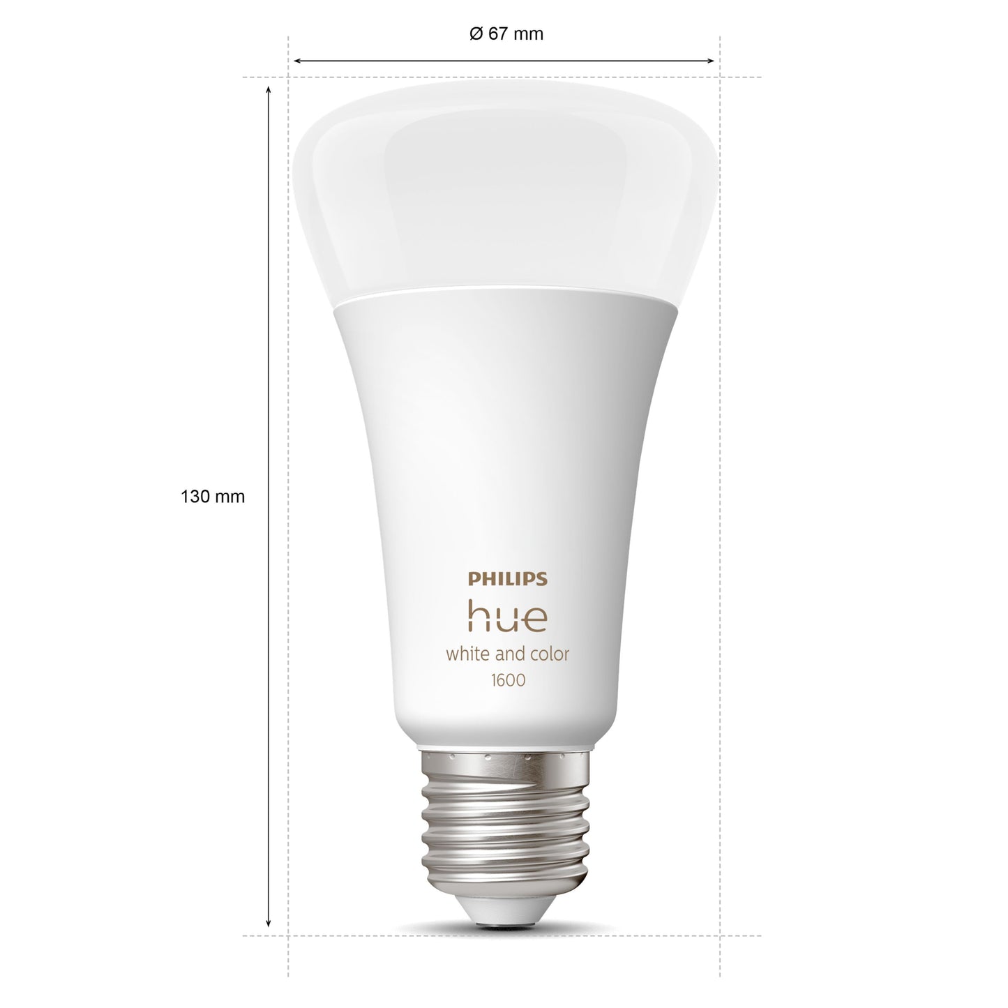 Philips Hue Color Ambiance Smart LED-pære E27 1600 lm, hvid, sølv fatning, 130 mm høj, 67 mm bred.
