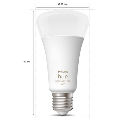 Philips Hue Color Ambiance Smart LED-pære E27 1600 lm, hvid, sølv fatning, 130 mm høj, 67 mm bred.