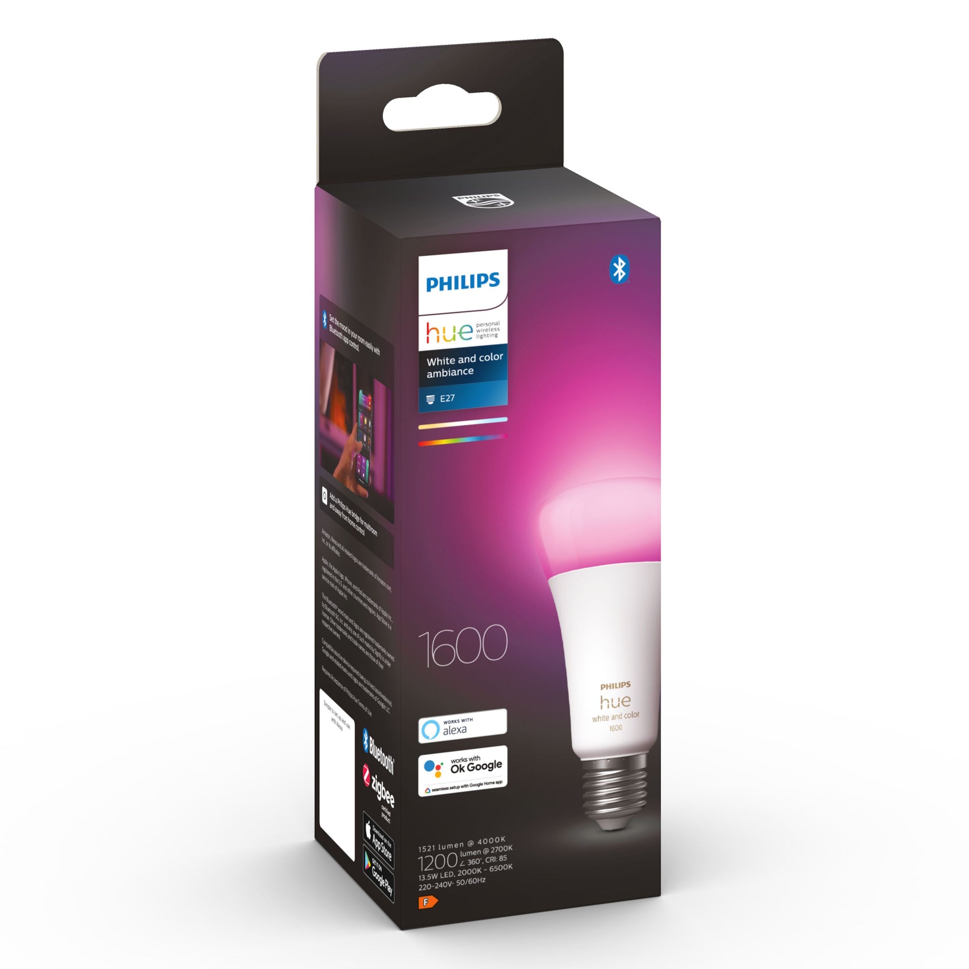 Philips Hue Color Ambiance Smart LED-pære E27 1600 lm, lyser pink, kompatibel med Bluetooth, Google Assistant og Alexa.
