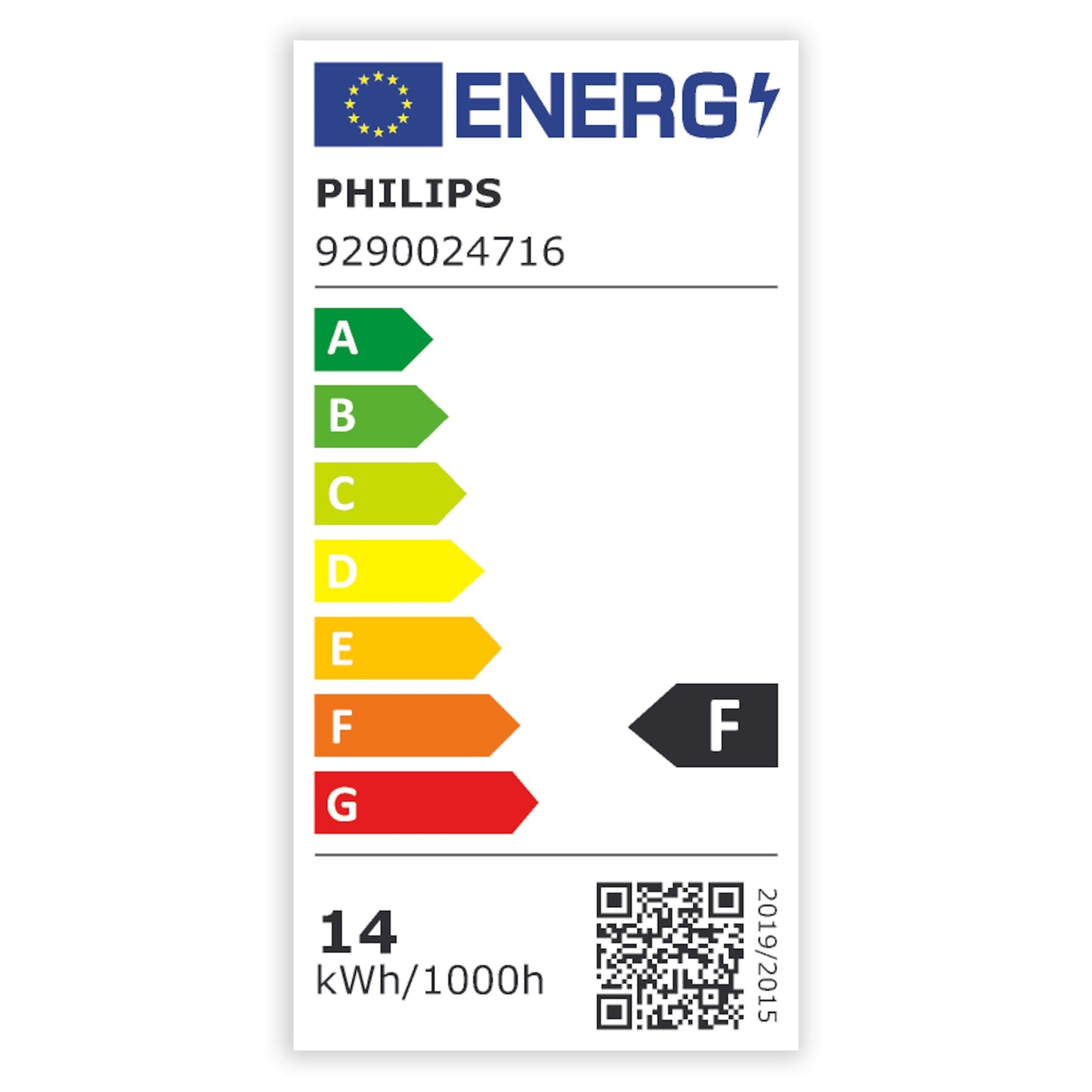 Philips Hue Color Ambiance LED-pære E27 1600 lm model 9290024716 energimærke F 14kWh/1000h synlig QR-kode.