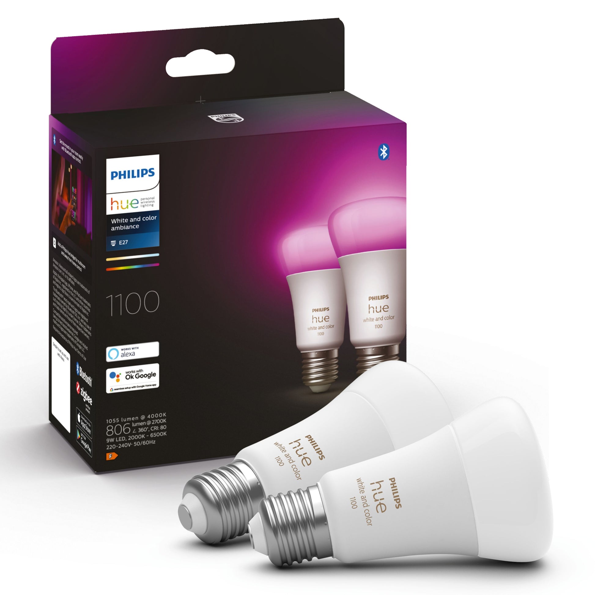 Philips Hue Color Ambiance Smart LED E27 1100 lm 2-pak sort/lilla æske Bluetooth hvidt og farvet lys smart home.
