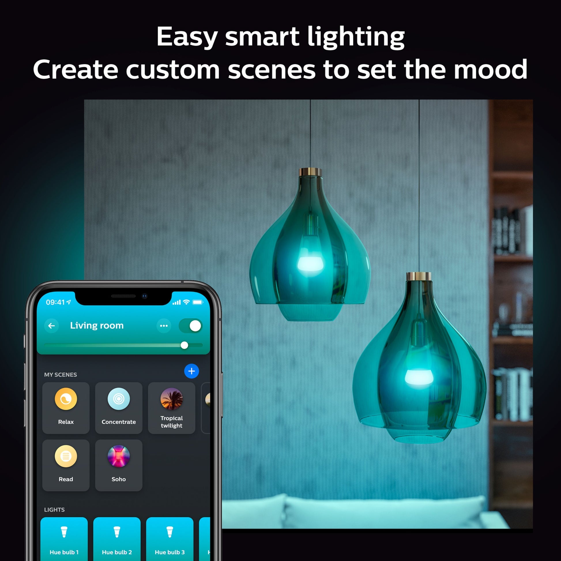 Philips Hue Color Ambiance Smart LED-pære E27 1100 lm 2-pak vist i app på smartphone.