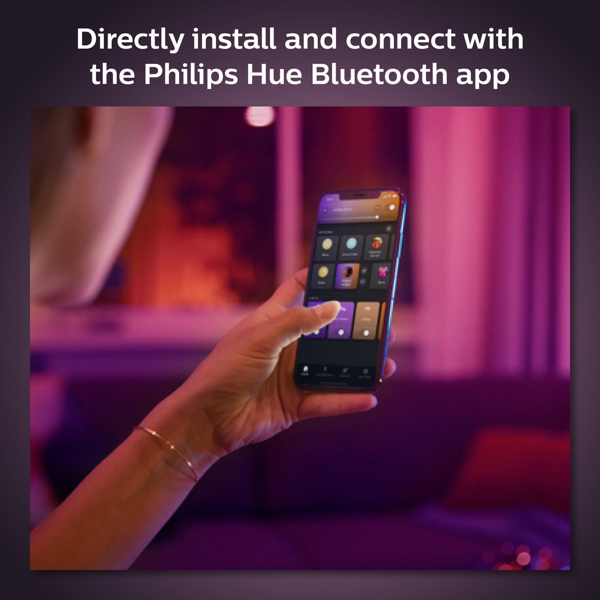 Philips Hue Color Ambiance Smart LED-pære E27 1100 lm 2-pak styres via Hue-appen på smartphone, lille belysning.