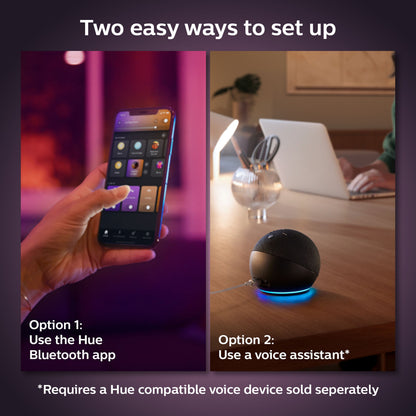 Philips Hue Color Ambiance Smart LED-pære E27 1100 lm 2-pak opsætning via Bluetooth-app eller stemmestyret smarthøjttaler.
