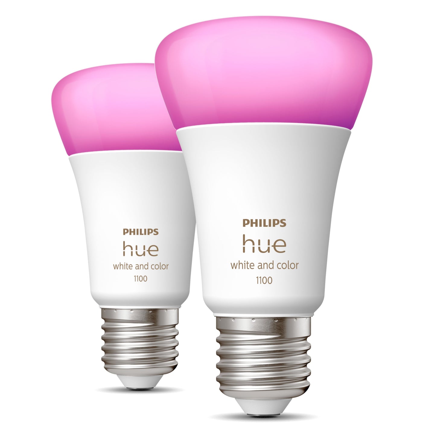 Philips Hue Color Ambiance Smart LED E27 1100 lm 2-pak, hvidt hus, lyserød top, sølvfatning, begge pærer lyser pink.