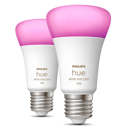 Philips Hue Color Ambiance Smart LED E27 1100 lm 2-pak, hvidt hus, lyserød top, sølvfatning, begge pærer lyser pink.