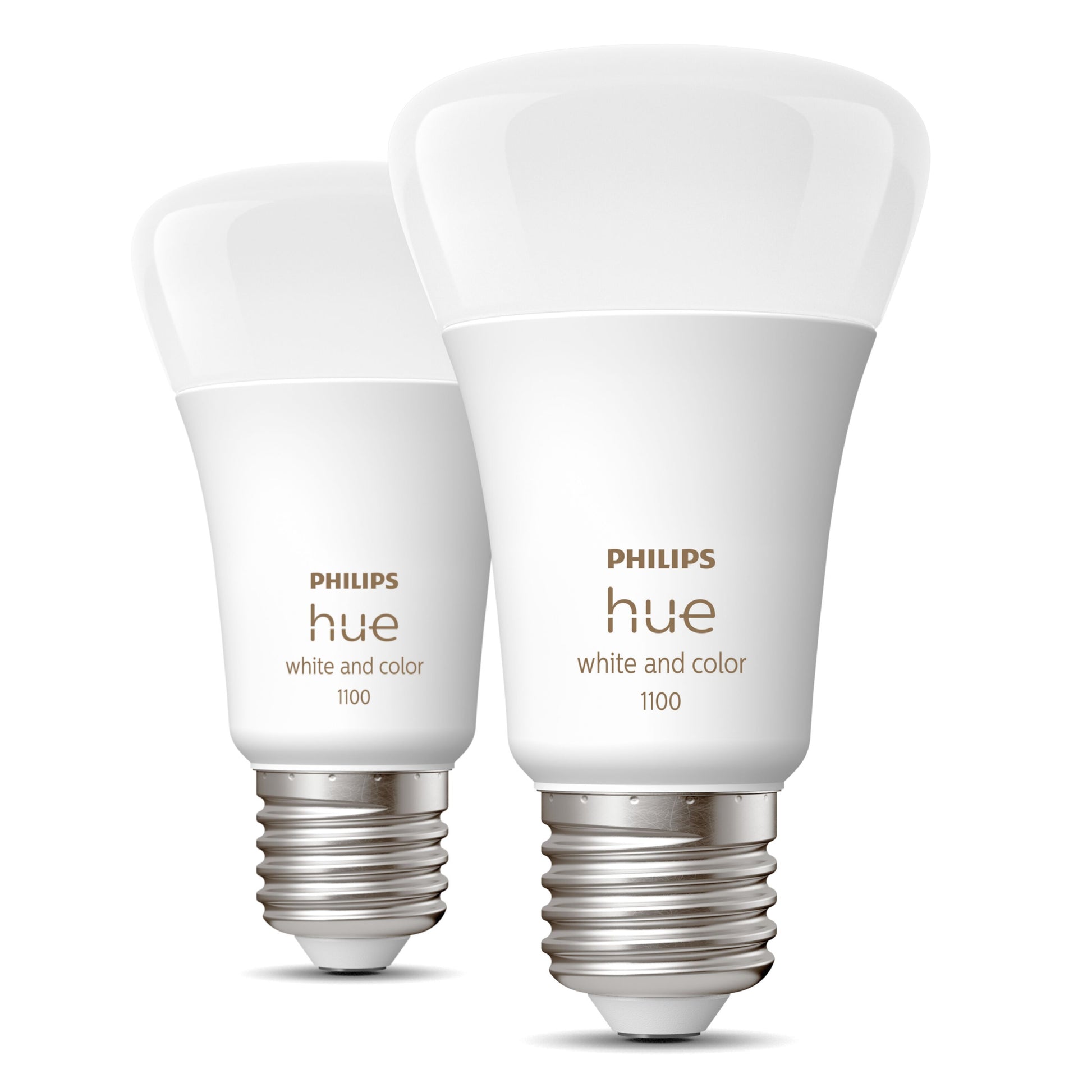 Philips Hue Color Ambiance Smart LED-pærer E27 1100 lm 2-pak med sølvfarvede skruefatninger, let overlappende.