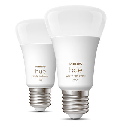 Philips Hue Color Ambiance Smart LED-pærer E27 1100 lm 2-pak med sølvfarvede skruefatninger, let overlappende.
