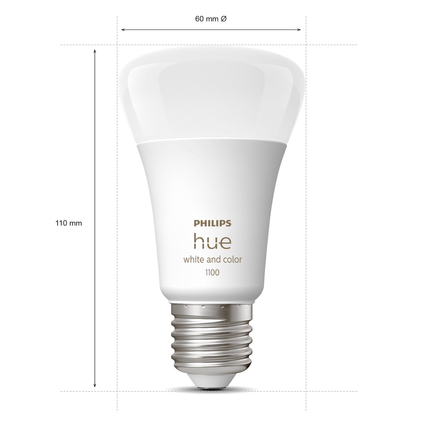 Hue Color Ambiance Smart LED-pære E27 1100 lm 2-pak vises oprejst med skruefatning, 60 mm i diameter, 110 mm i højden.