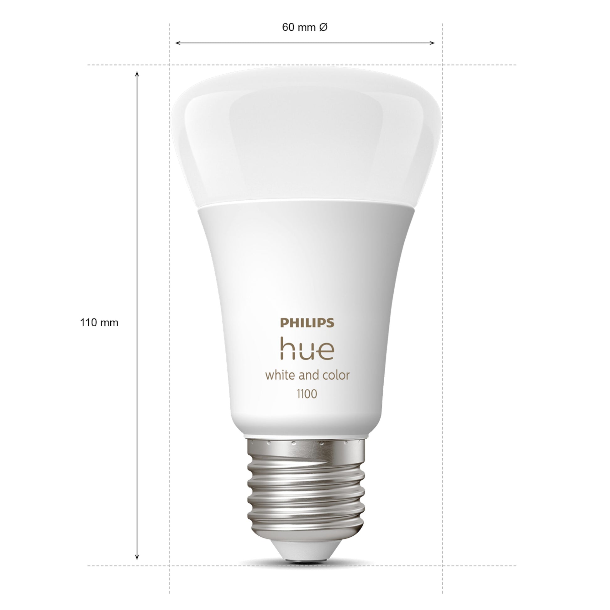 Hue Color Ambiance Smart LED-pære E27 1100 lm 2-pak vises oprejst med skruefatning, 60 mm i diameter, 110 mm i højden.