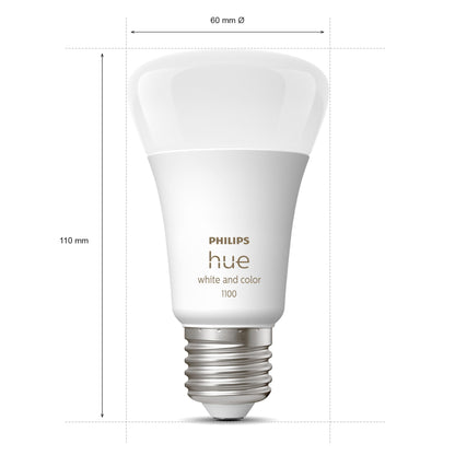Hue Color Ambiance Smart LED-pære E27 1100 lm 2-pak vises oprejst med skruefatning, 60 mm i diameter, 110 mm i højden.