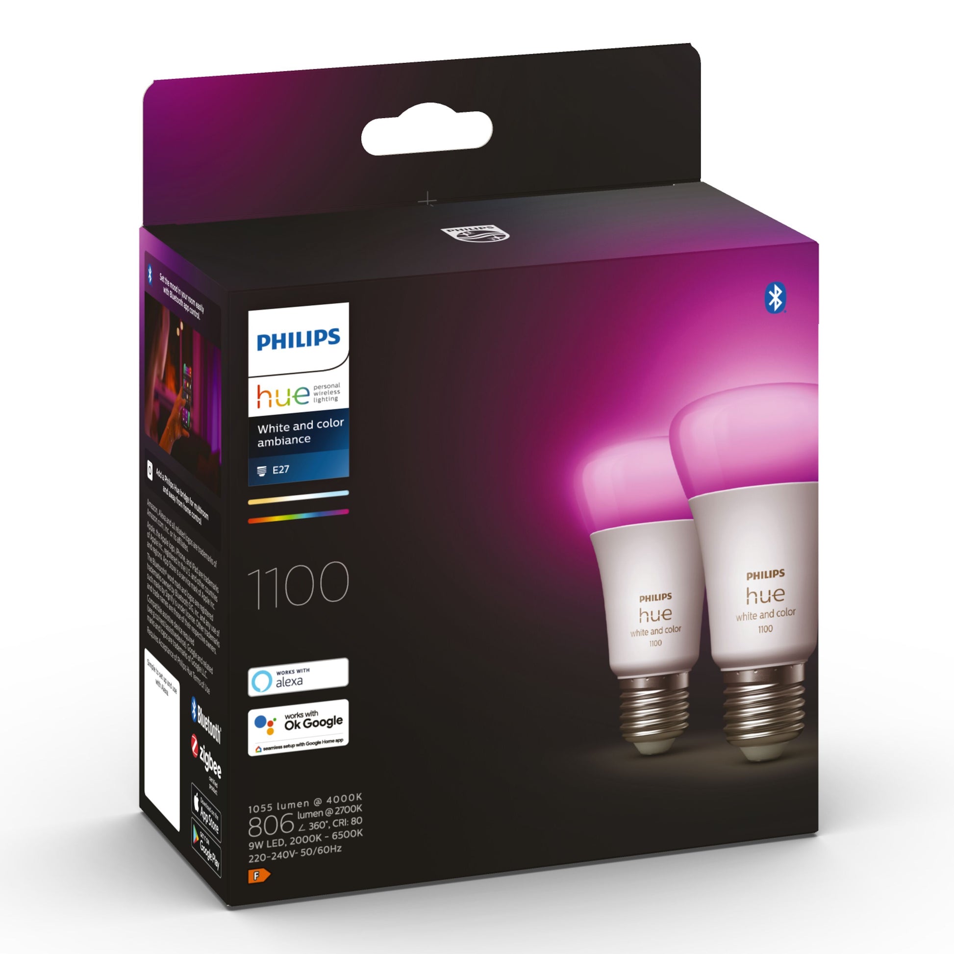 Philips Hue Color Ambiance Smart LED-pære E27 1100 lm 2-pak æske med pærer, produktinfo, kompatibilitetsikoner, logo.