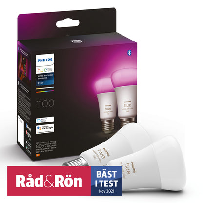 Philips Hue Color Ambiance LED-pære E27 1100 lm 2-pak i æske med Bluetooth og farveskift, "Råd  Rön Bäst i Test Nov 2021" badge.