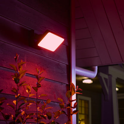 Philips Hue Opdag Udendørs projektør 2250 lm lyser rød på mørkt træværk og blad, veranda og vindue synlige.