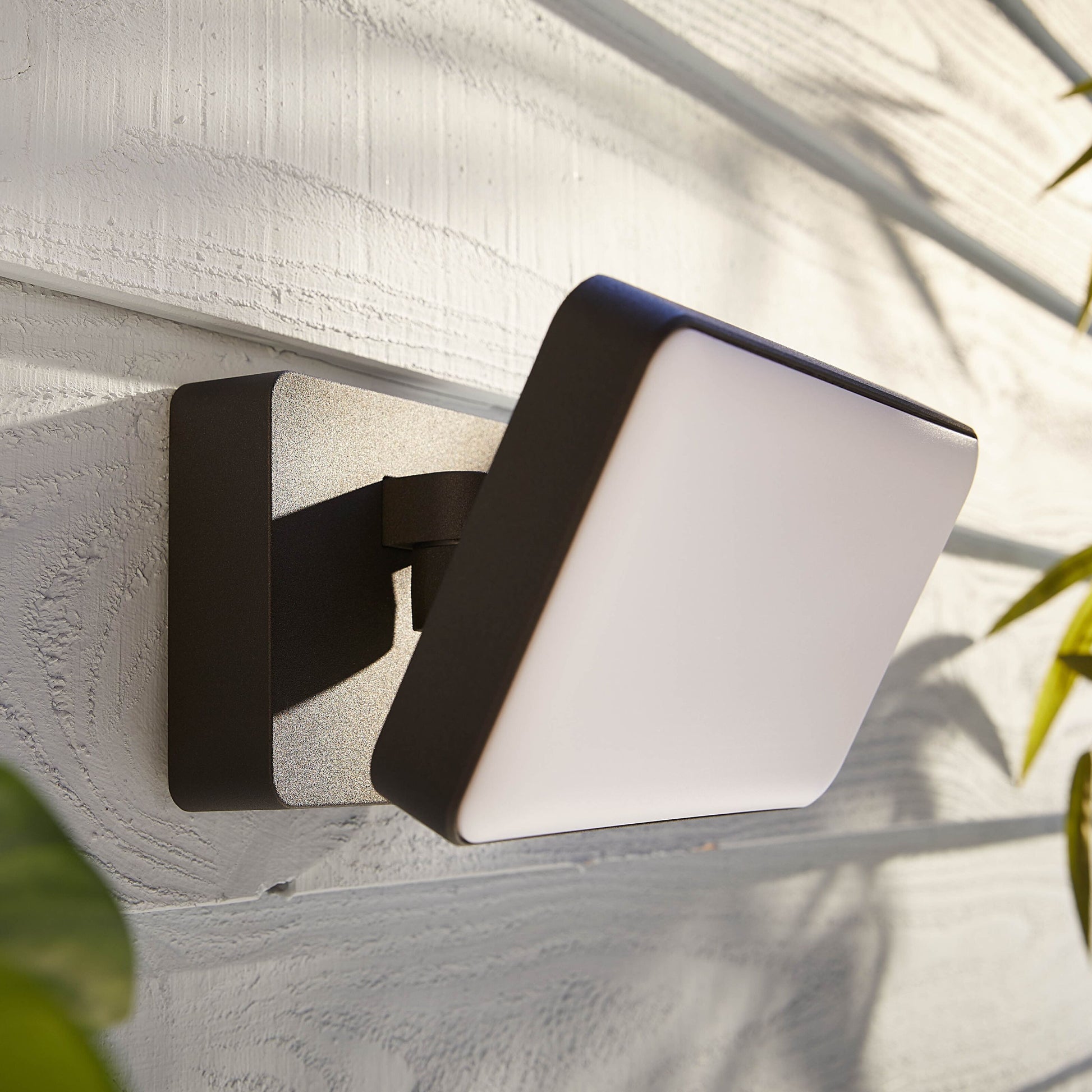 Philips Hue Opdag Udendørs projektør 2250 lm, matteret panel, mørk ramme, monteret på hvid trævæg med grønt blad.