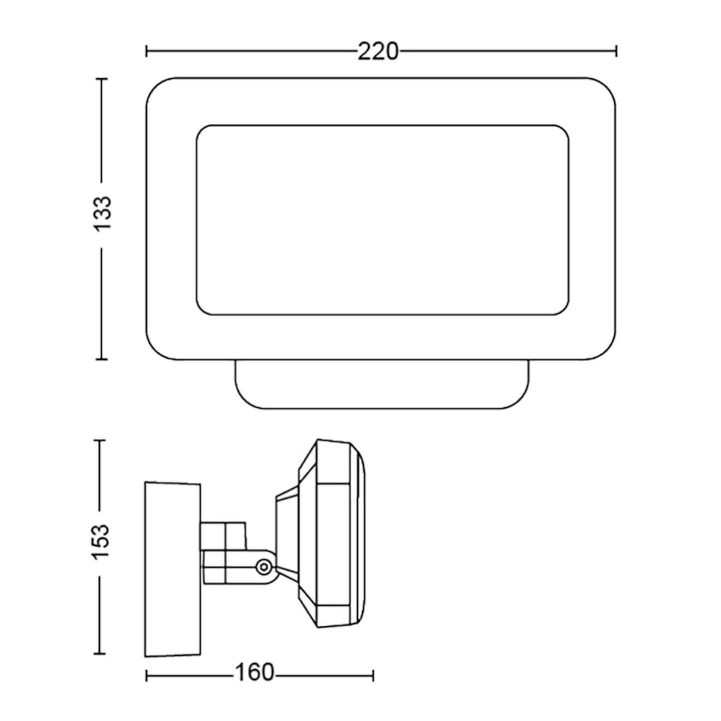 Philips Hue Opdag udendørs projektør 2250 lm, 220x133 mm front, 153 mm høj, 160 mm dyb, stregtegning for- og sideview.