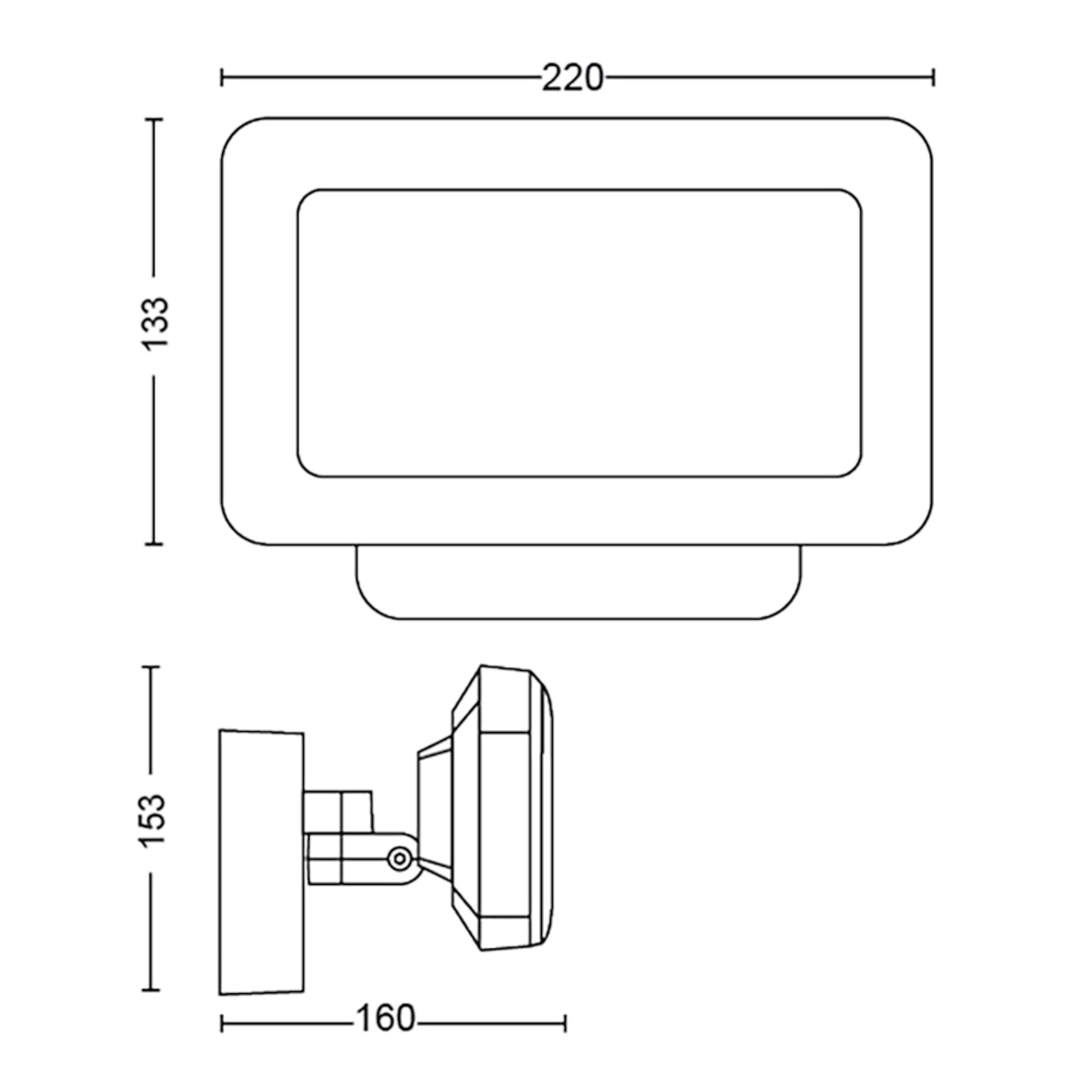 Philips Hue Opdag udendørs projektør 2250 lm, 220x133 mm front, 153 mm høj, 160 mm dyb, stregtegning for- og sideview.