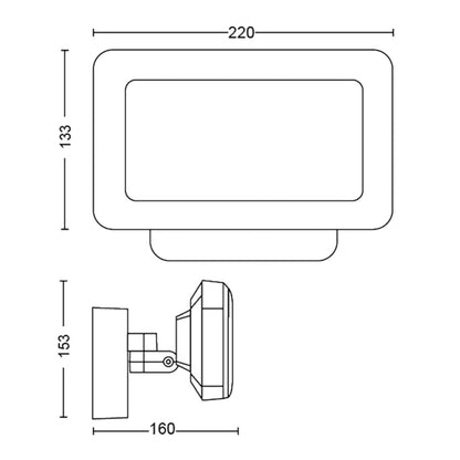 Philips Hue Opdag udendørs projektør 2250 lm, 220x133 mm front, 153 mm høj, 160 mm dyb, stregtegning for- og sideview.