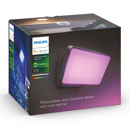 Philips Hue Opdag Udendørs projektør 2250 lm på æske med lysende pink kvadrat væglampe og stemningsbelysning-billeder.