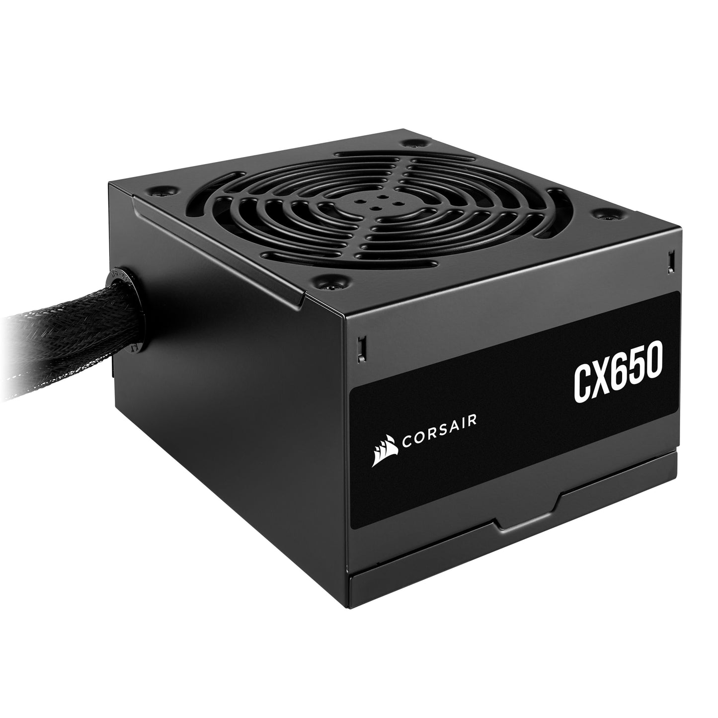 Corsair CX650 650W Bronze strømforsyning i sort med stor topmonteret blæser og Corsair-logo samt modelnavn på siden.