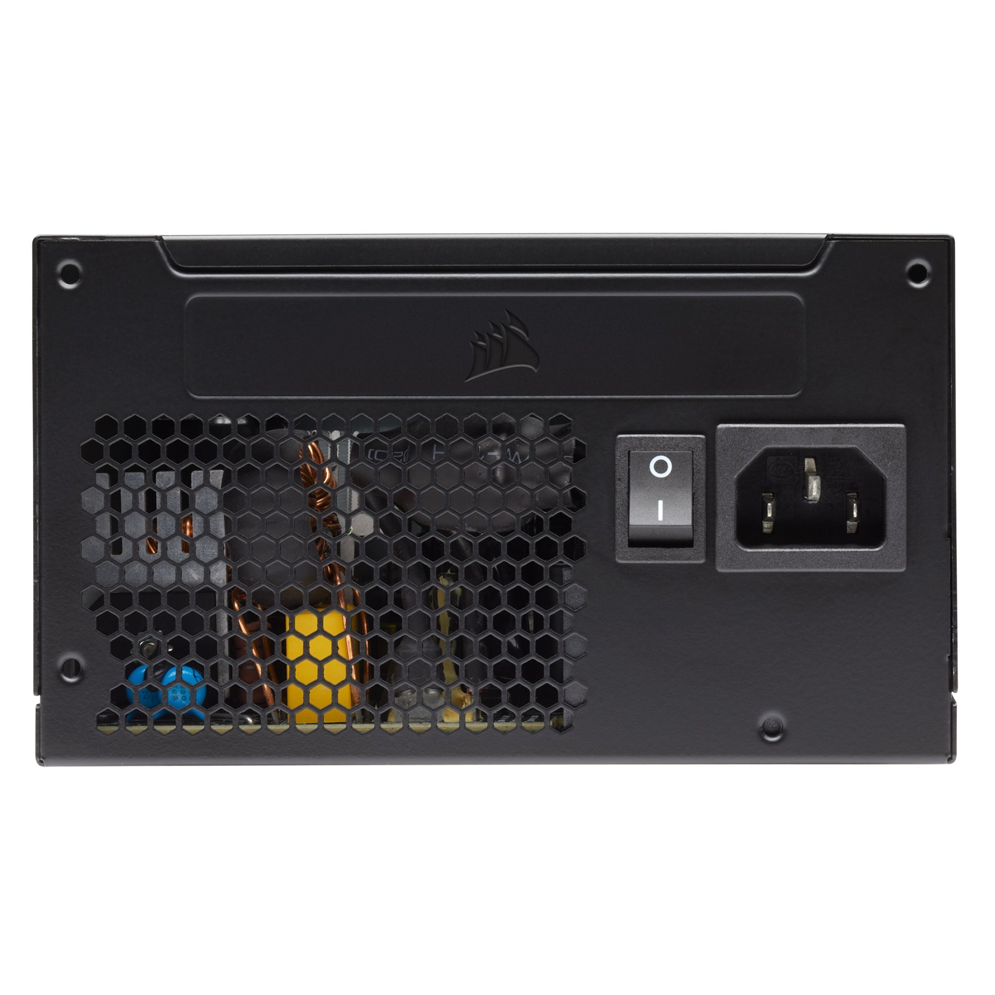 Corsair CX650 650W Bronze strømforsyning til gaming pc, sort med honeycomb ventilation, tænd/sluk-knap og 3-polet stik.
