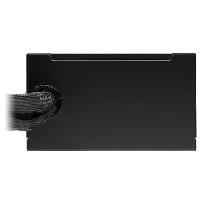 Corsair CX650 650W Bronze strømforsyning i sort med glat top, indhak ved overkant og sorte flettede kabler til venstre.