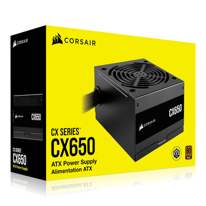 Corsair CX650 650W Bronze strømforsyning til gaming PC, sort/gul, Corsair-logo, 80 Plus Bronze-certificering.