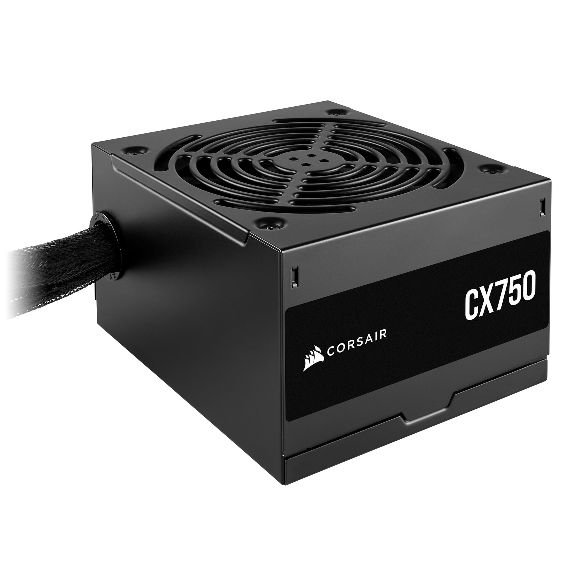 Corsair CX750 750W Bronze strømforsyning i sort med synlig topkøleventilator, sleevet kabel, CX750 og 80 PLUS Bronze logo.