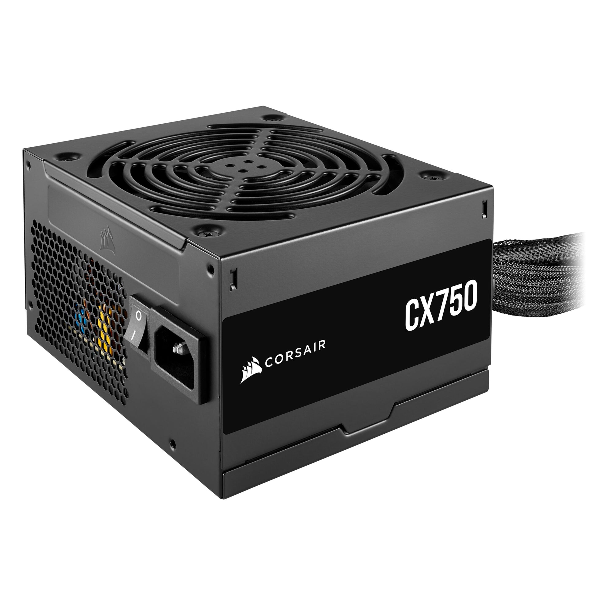 Corsair CX750 750W Bronze strømforsyning, sort kabinet, køleventilator, ventileret side, power-knap, fastmonterede kabler.