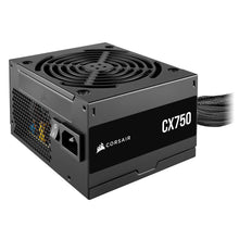 Corsair CX750 750W Bronze strømforsyning, sort kabinet, køleventilator, ventileret side, power-knap, fastmonterede kabler.