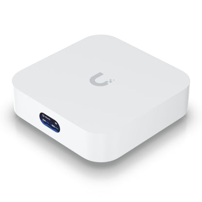 Ubiquiti UniFi Express Gateway og Accesspunkt, hvid, firkantet med afrundede hjørner, logo på top, blå/sort frontporte, Wifi 6.